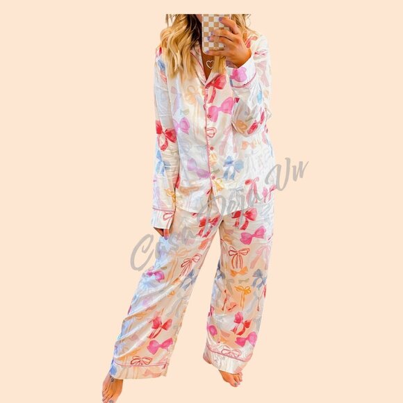Soft Silky Oversized Pastel Bows Ribbona Wide Leg PJs 2 pc Set - Picture 2 of 10